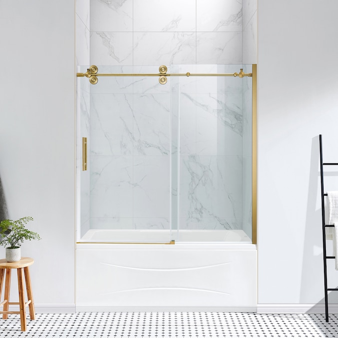 OVE Decors Sydney 59in H x 58.25in to 59.75in W Frameless Sliding Gold Bathtub Door (Clear