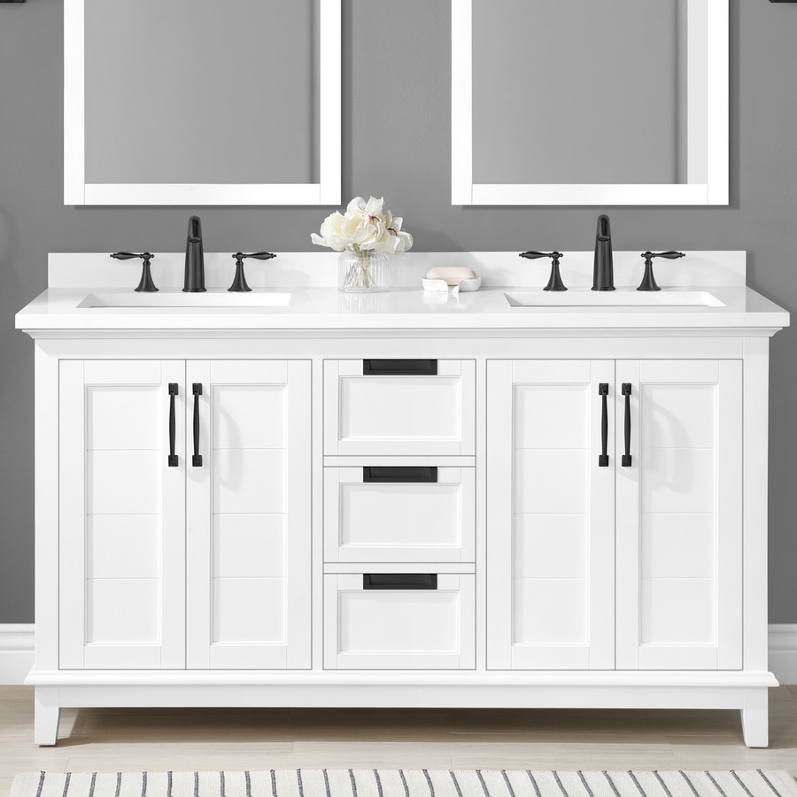 Allen Roth Clarita 60 In White Undermount Double Sink Bathroom Vanity With White Engineered Stone Top In The Bathroom Vanities With Tops Department At Lowes Com