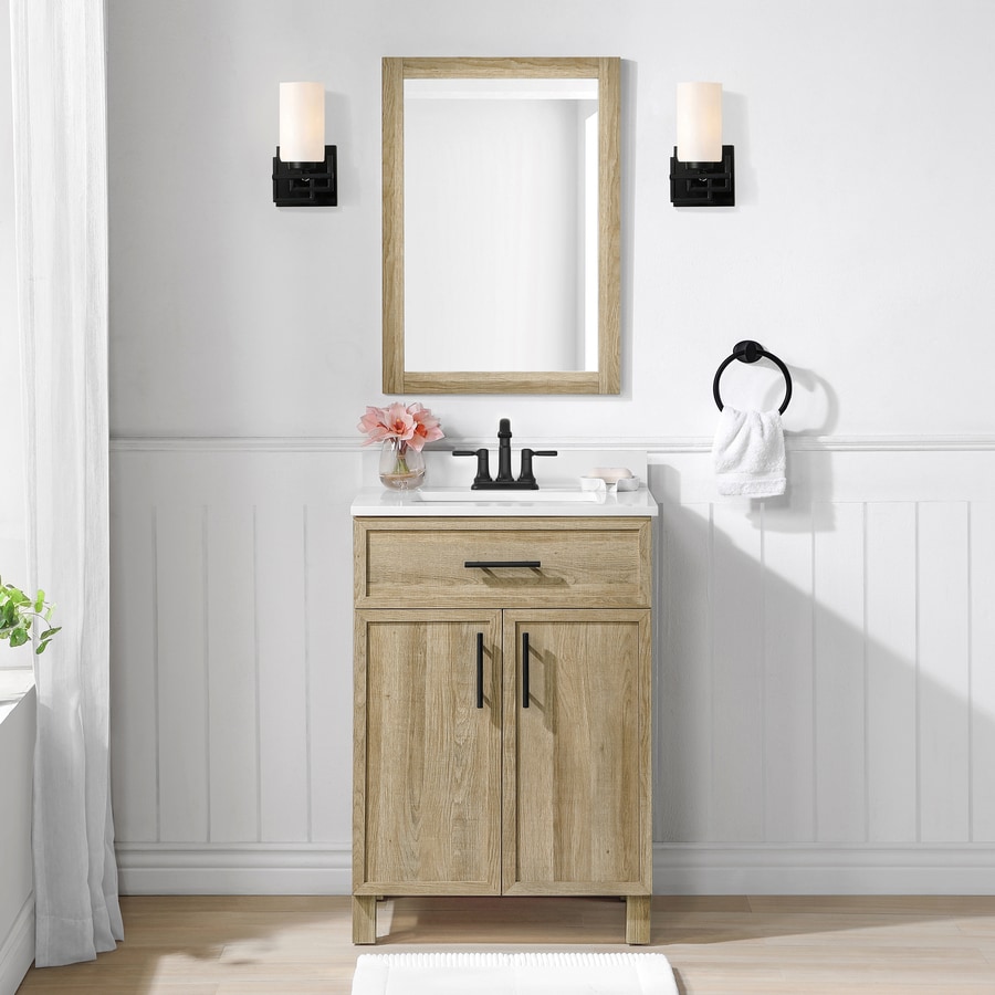 Photo 1 of *MAJOR DAMAGE PARTS ONLY* Style Selections Dolton 24-in Natural Oak Undermount Single Sink Bathroom Vanity With White Engineered Stone Top (Mirror Included)