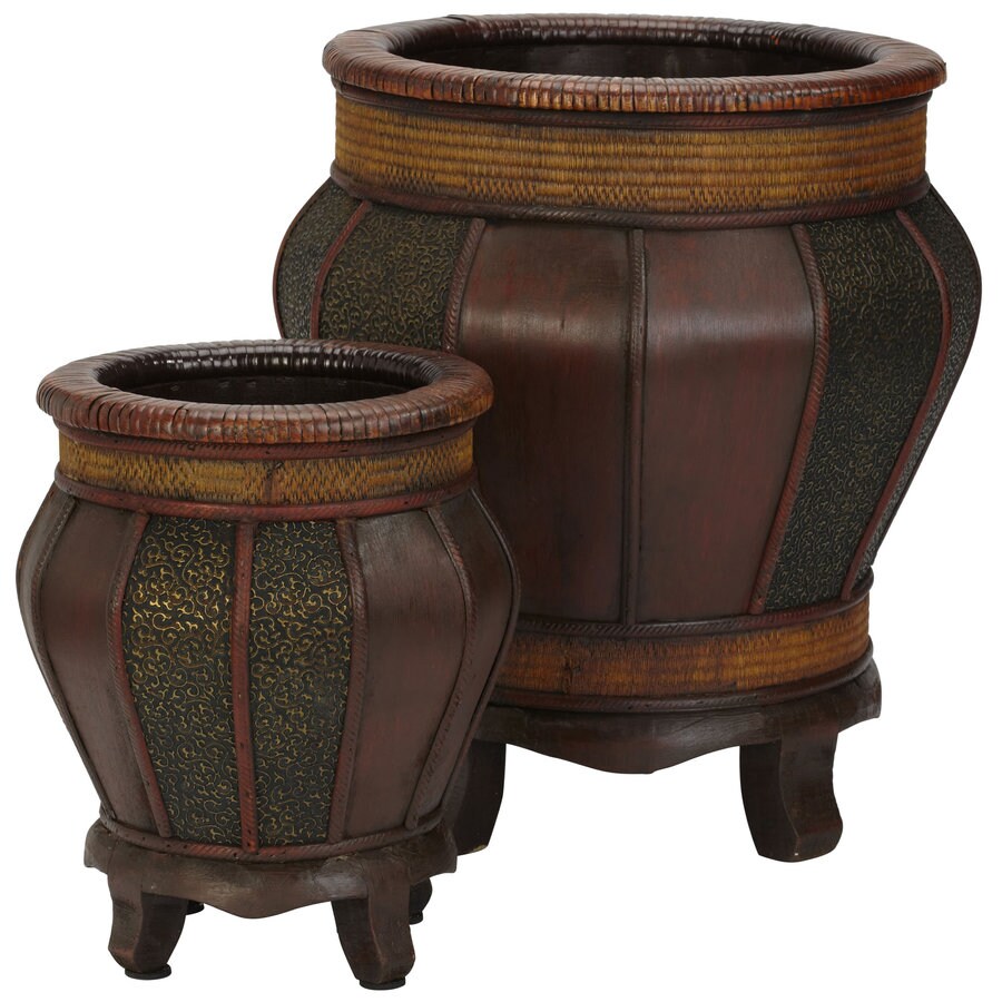 Nearly Natural 2Pack 13in W x 15in H Brown Wood Round Planter at