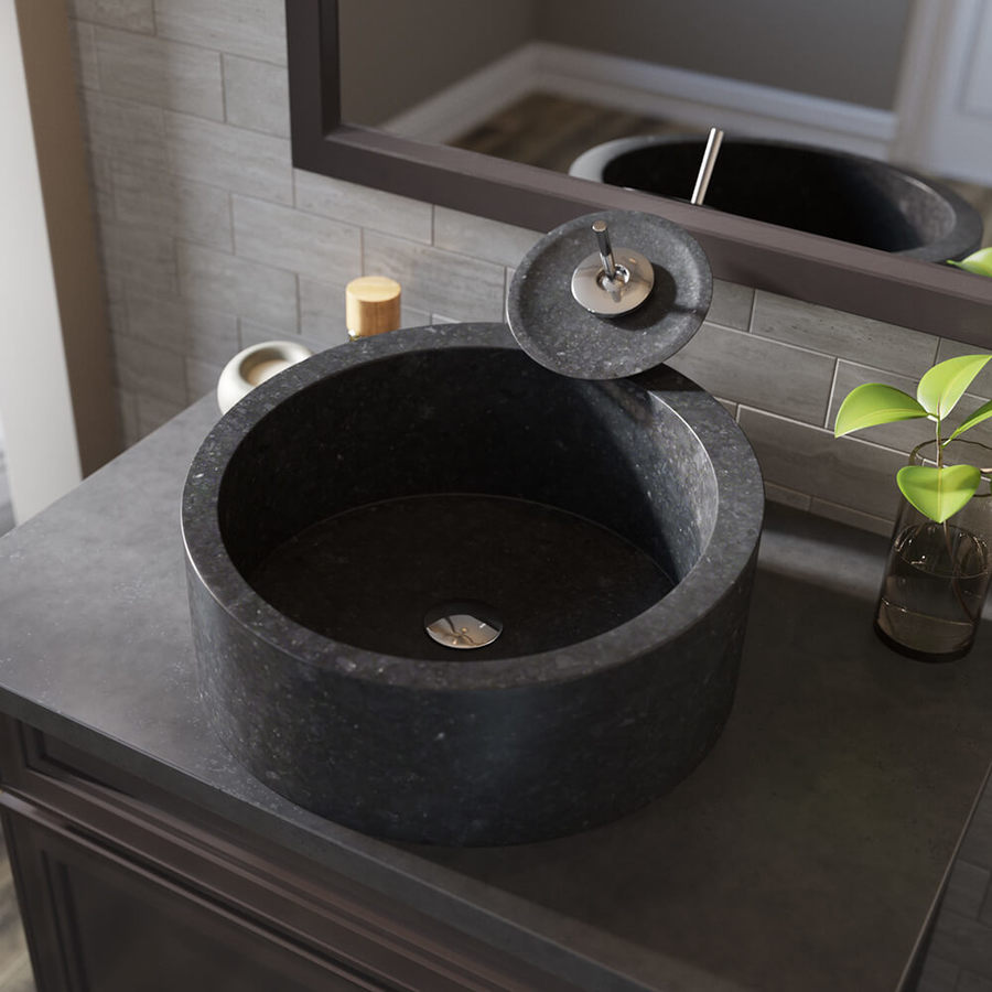 MR Direct Black Granite Granite Vessel Round Bathroom Sink with Faucet