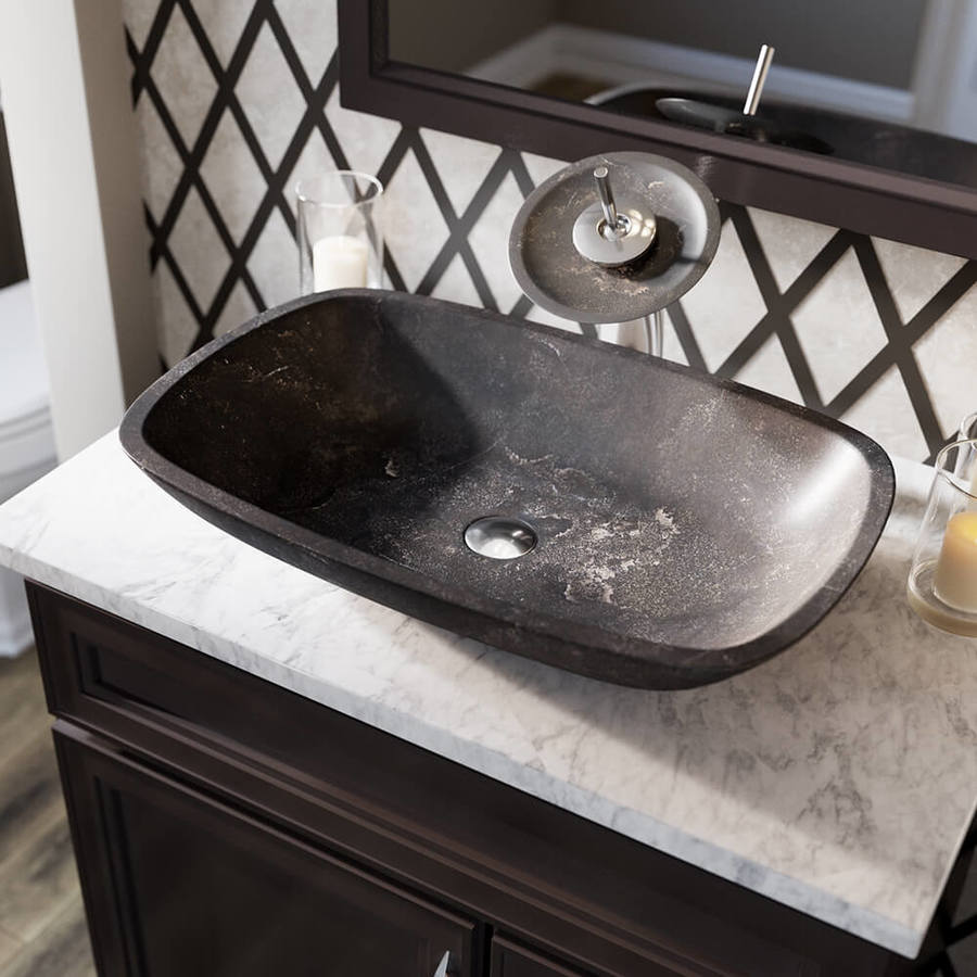 MR Direct Gray Limestone Stone Vessel Rectangular Bathroom Sink with Faucet (Drain Included) at ...