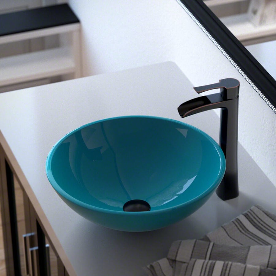 MR Direct Turquoise Tempered Glass Vessel Round Bathroom Sink with Faucet (Drain Included) (16.5