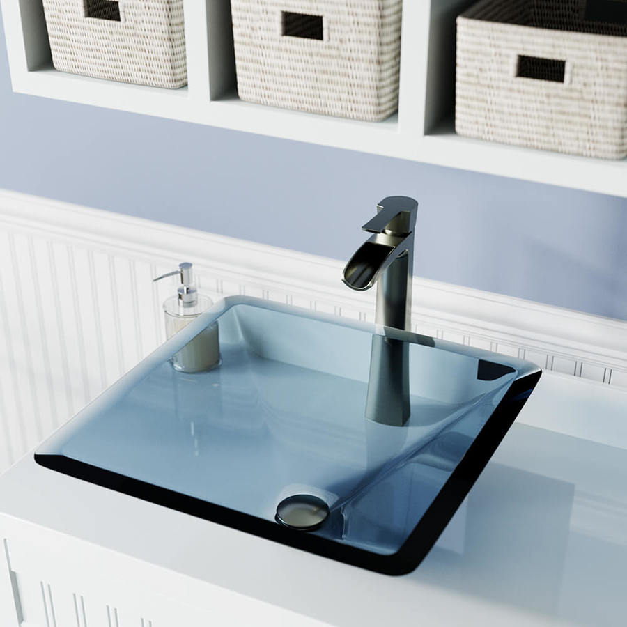 MR Direct Aqua Tempered Glass Vessel Square Bathroom Sink with Faucet