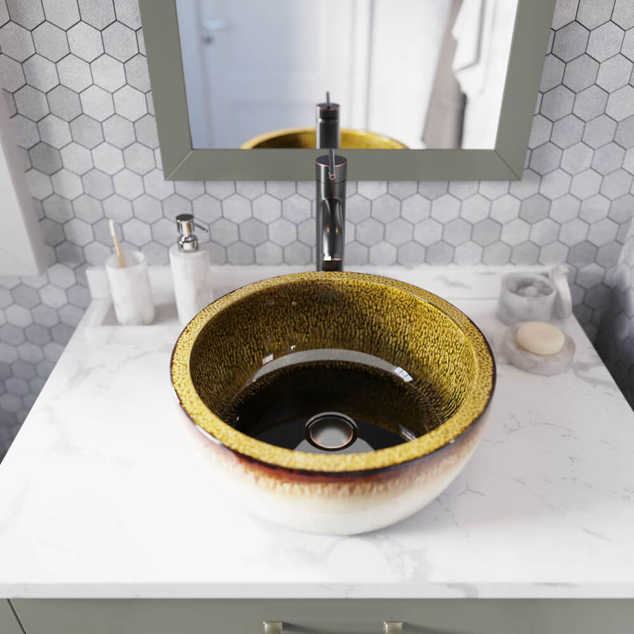 MR Direct White, Gold and Black Ceramic Vessel Round Bathroom Sink at
