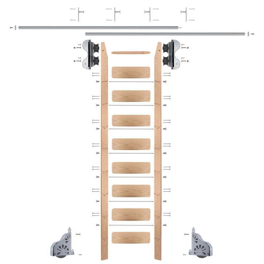 Quiet Glide 9 ft. Red Oak Library Ladder Polished Chrome ...