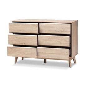 Mirren Light Oak 6 Drawer Dresser: Mid-Century Modern, Wood Composite Frame - Baxton Studio