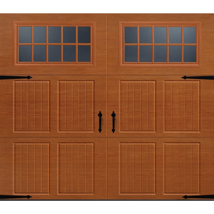 Pella Carriage House 96in x 84in Insulated Golden Oak Single Garage Door with Windows at