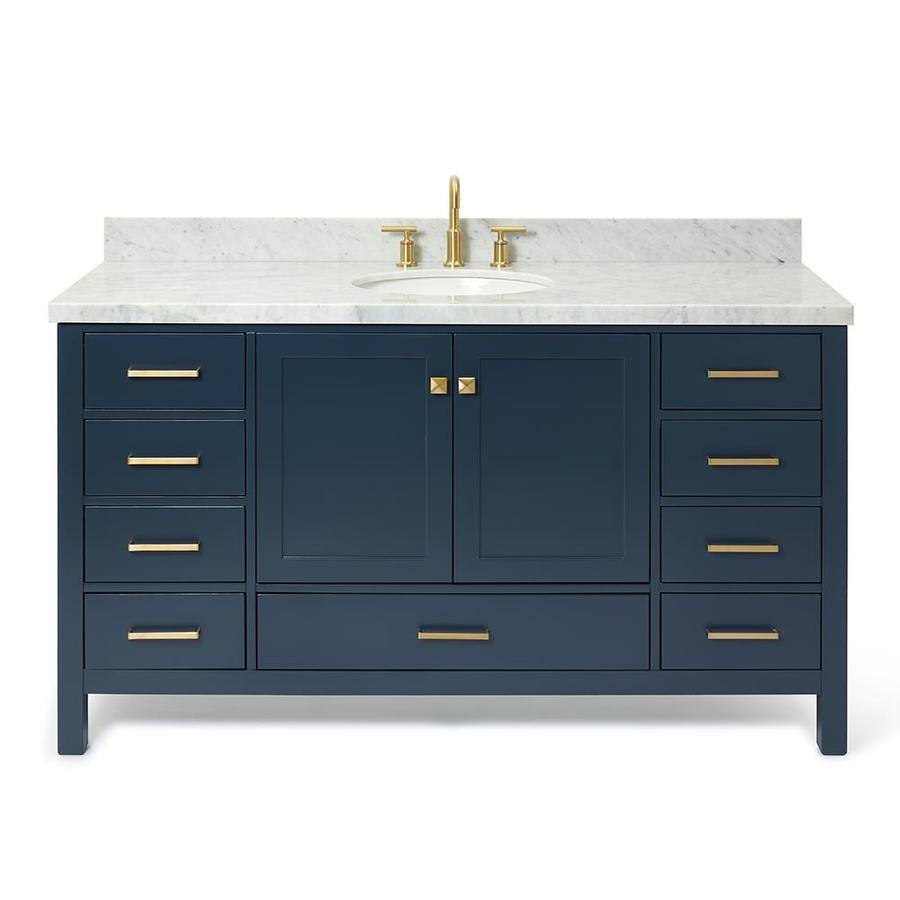 ARIEL Cambridge 61in Midnight Blue Single Sink Bathroom Vanity with White Natural Marble Top at