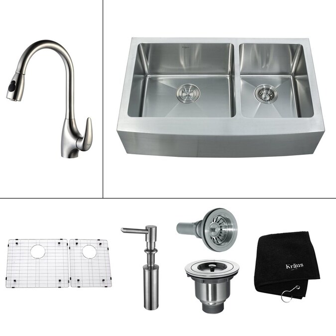 Kraus Kitchen Combo 20 75 In X 32 9 In Steel Stainless Double Basin Apron Front Farmhouse Residential Kitchen Sink All In One Kit In The Kitchen Sinks Department At Lowes Com