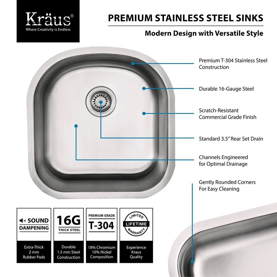 Kraus KBU15 Stainless Steel 20 Undermount Single Bowl Kitchen Sink