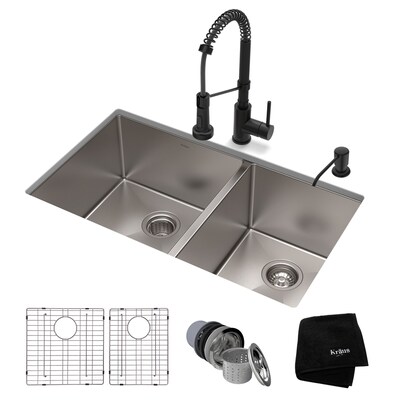 Standart Pro 33 In X 19 In Satin Double Basin Undermount Commercial Residential Kitchen Sink All In One Kit