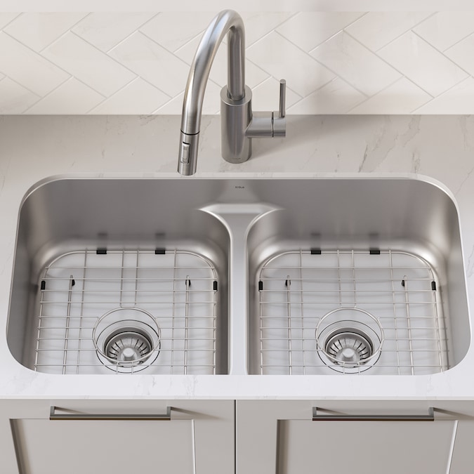 Kraus Premier Undermount 32 In X 19 In Stainless Steel Double Equal Bowl Kitchen Sink In The Kitchen Sinks Department At Lowes Com