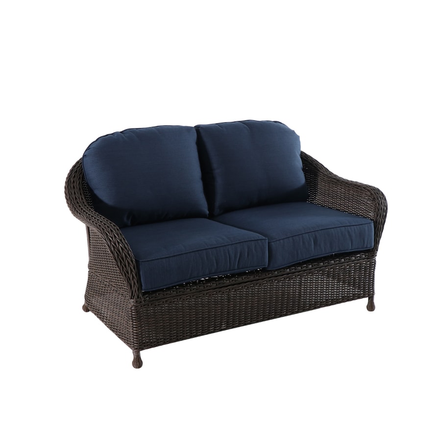 Allen Roth Mcaden Wicker Outdoor Loveseat With Cushion S And Blue Steel Frame In The Patio Sectionals Sofas Department At Lowes Com