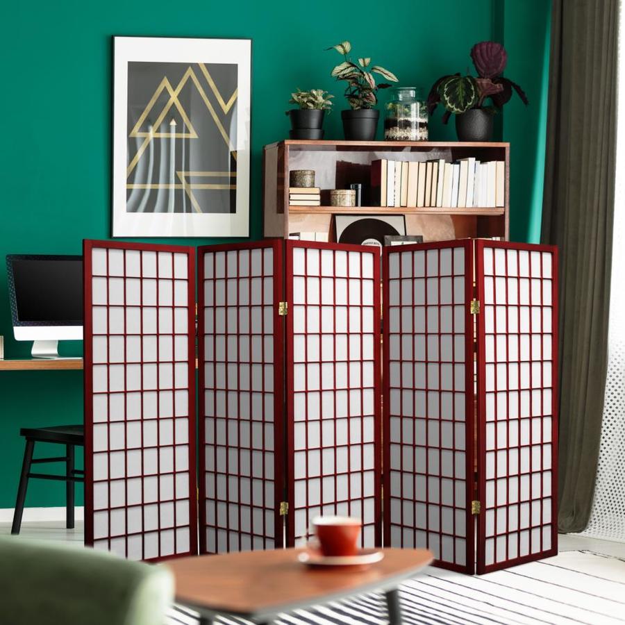 Red Lantern 5 Panel Rosewood Paper Folding Indoor Privacy Screen
