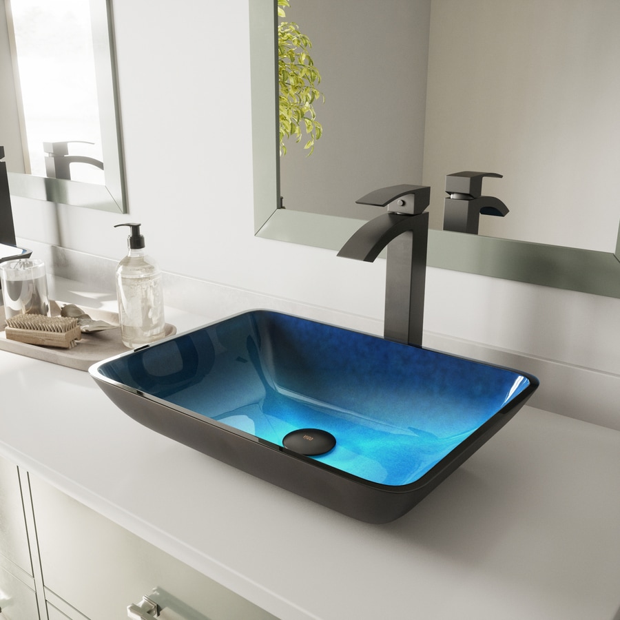 VIGO Sapphire Blue Tempered Glass Vessel Rectangular Bathroom Sink at ...