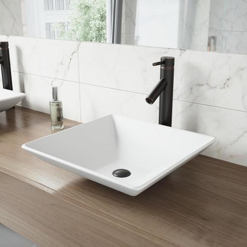 VIGO Vessel Sinks Matte White Matte Stone Vessel Square Bathroom Sink with Faucet (Drain