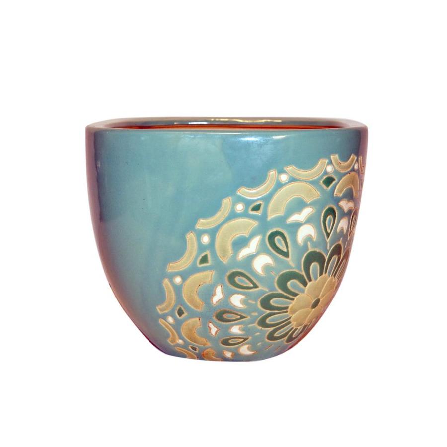 Global Outdoors 9in Teal Flower Ceramic Planter at