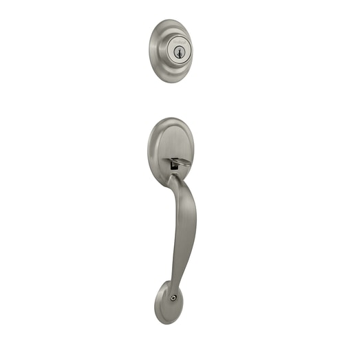 Minimalist Kwikset Dakota Satin Nickel Entry Door Exterior Handle for Small Space