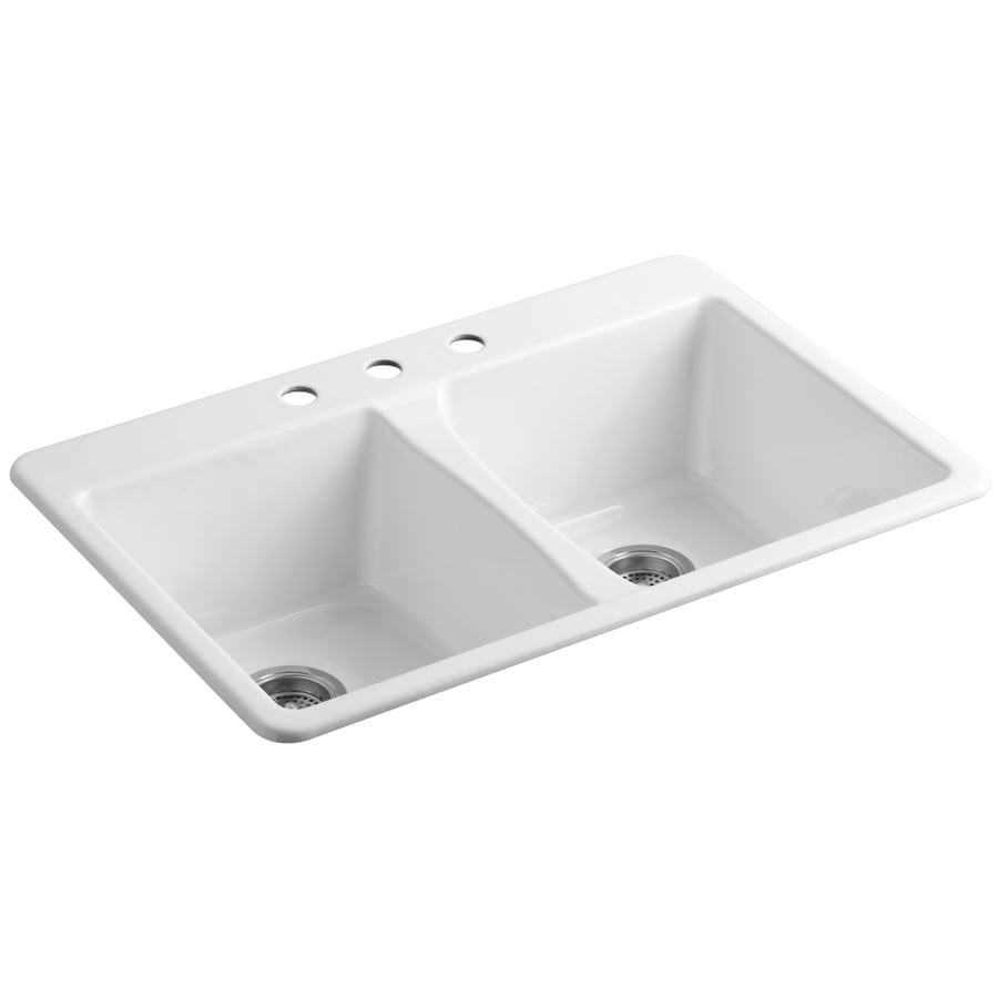 Deerfield 33 In X 22 In White Double Basin Drop In 3 Hole Residential Kitchen Sink