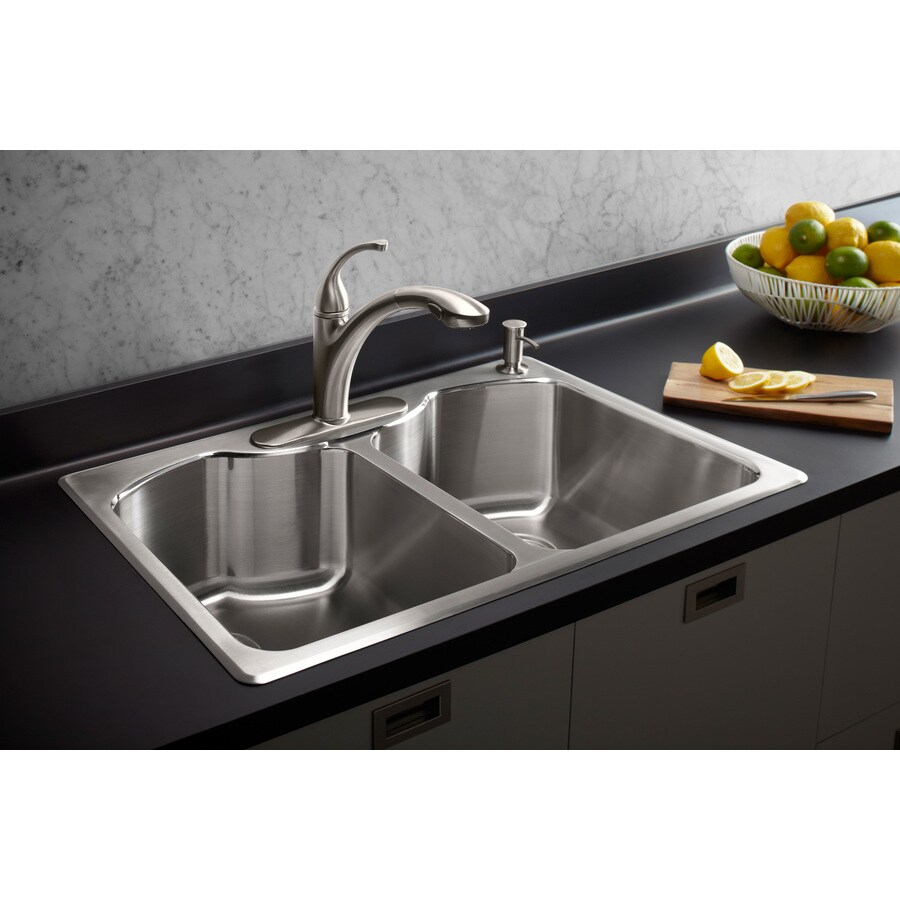 KOHLER Octave 33-in x 22-in Stainless Steel Double Equal Bowl Drop-In 4 ...