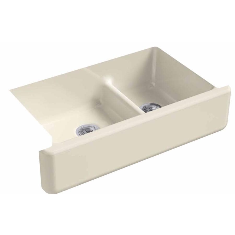 KOHLER Whitehaven 35.68-in x 21.56-in Almond Double Offset Bowl Tall (8-in or Larger) Undermount Apron Front/Farmhouse Residential Kitchen Sink