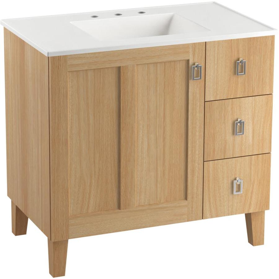KOHLER Poplin 37in Khaki Oak Single Sink Bathroom Vanity with White