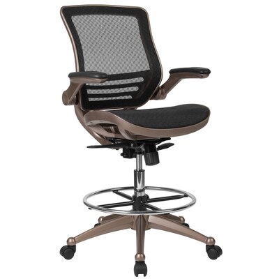 mid-back transparent black mesh drafting chair with melrose gold frame and  flip-up arms