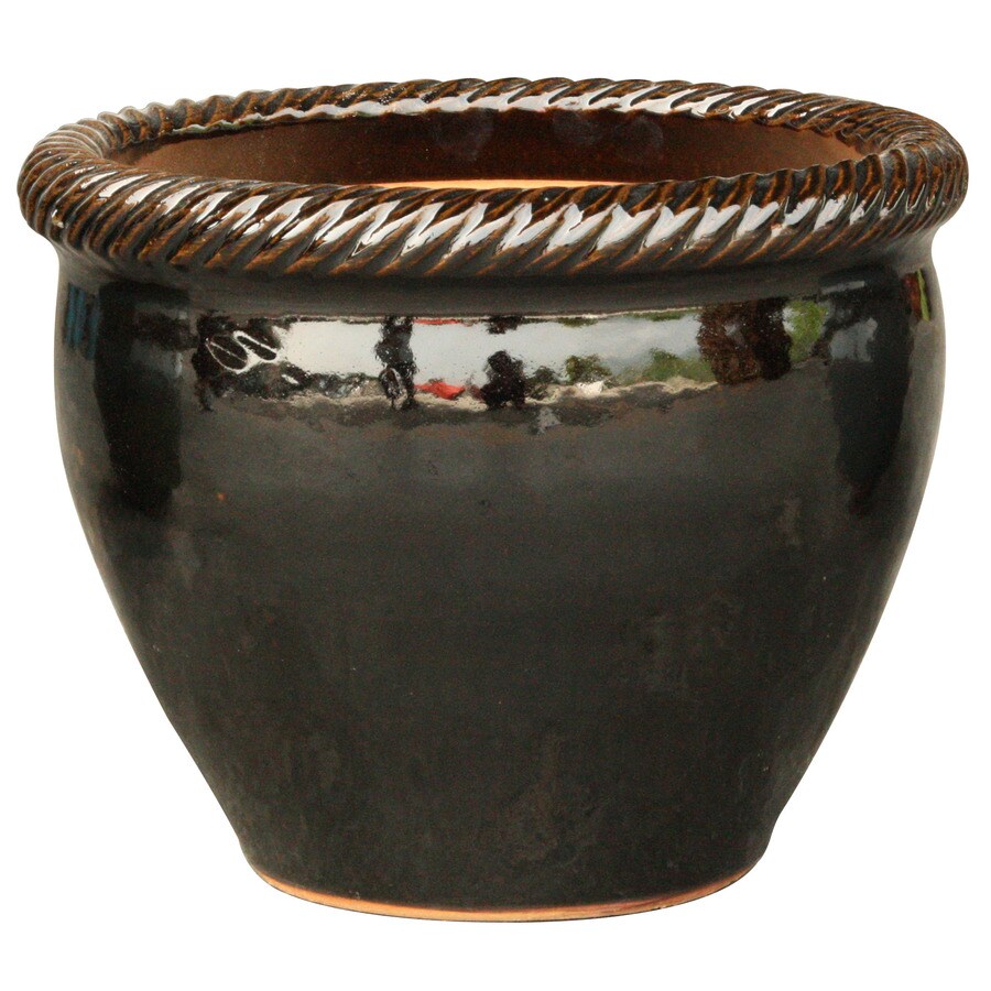 12.2in x 11.2in Black Ceramic Round Planter at