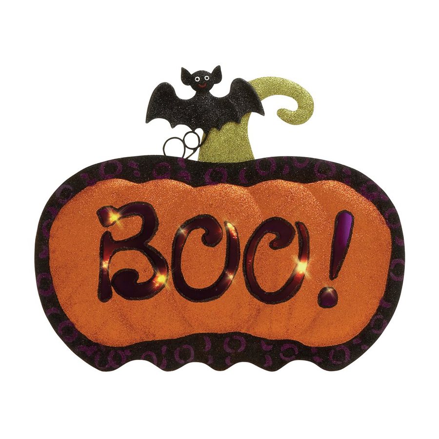 Woodland Imports Lighted Boo! Metal Tabletop Pumpkin Sign With White 