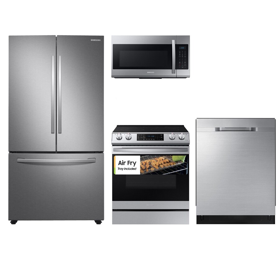 Shop Samsung French Door Refrigerator With Ice Maker Air Fry Convection Oven Slide In Electric Range Suite In Fingerprint Resistant Stainless Steel At Lowes Com