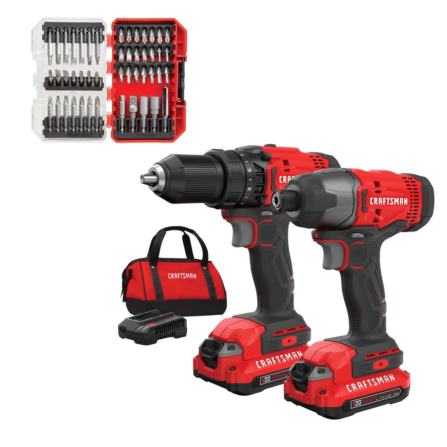 CRAFTSMAN V20 2-Tool 20-Volt Max Power Tool Combo Kit with Soft Case & Set Steel Hex Shank Screwdriver Bit Set (47-Piece)