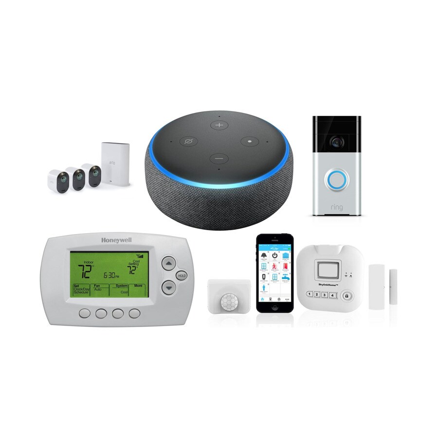 Amazon Echo Dot (Charcoal) with Indoor Camera, Honeywell, Skylink, Arlo, Ring