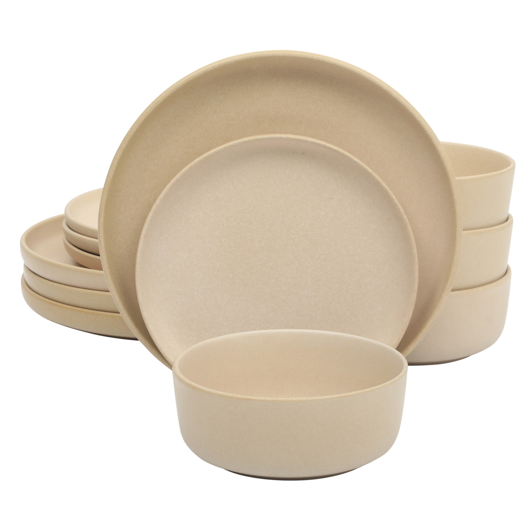 Gibson Elite 144989.12R Pasco 12 Piece Service for 4 Plates and Bowls Reactive Glaze Dishes Stoneware Ceramic Dinnerware Set - Taupe