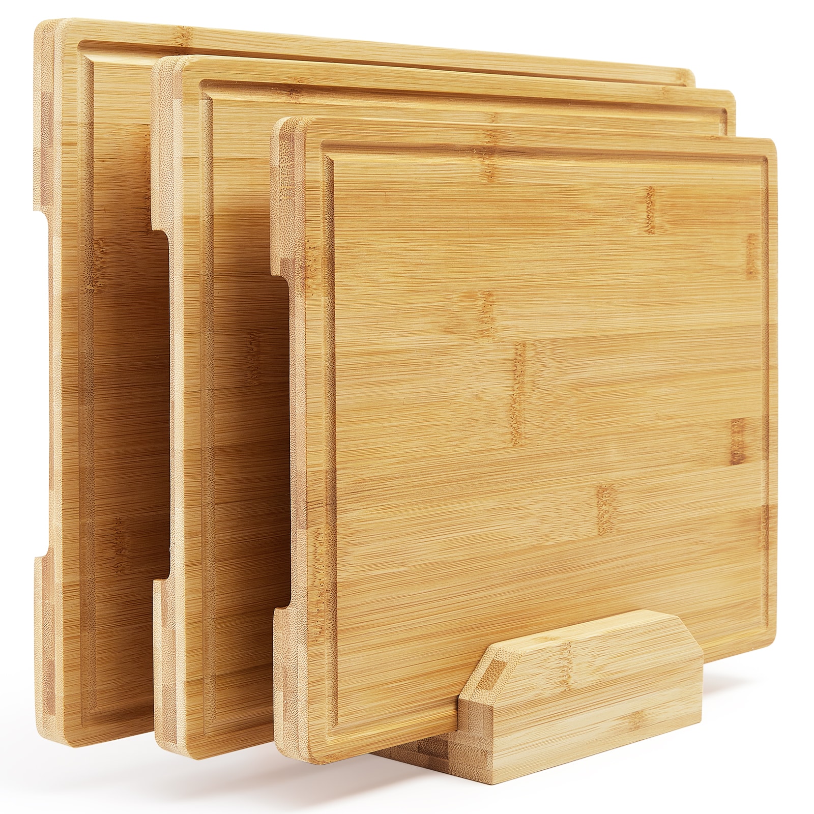 GarveeLife 3 Piece Bamboo Cutting Board Set Wooden Chopping Board With Holder Deep Juice Grooves Inner Handles Heavy Duty Butcher Block for Kitchen