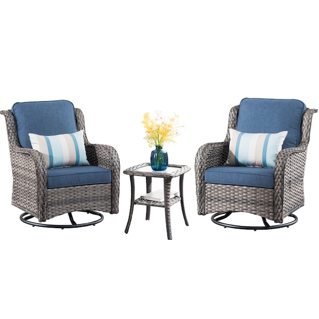 Ovios 2 Rattan Grey Metal Frame Swivel Rocking Chair S With Blue Cushioned Seat In The Patio Chairs Department At Com - Swivel Rocking Patio Set