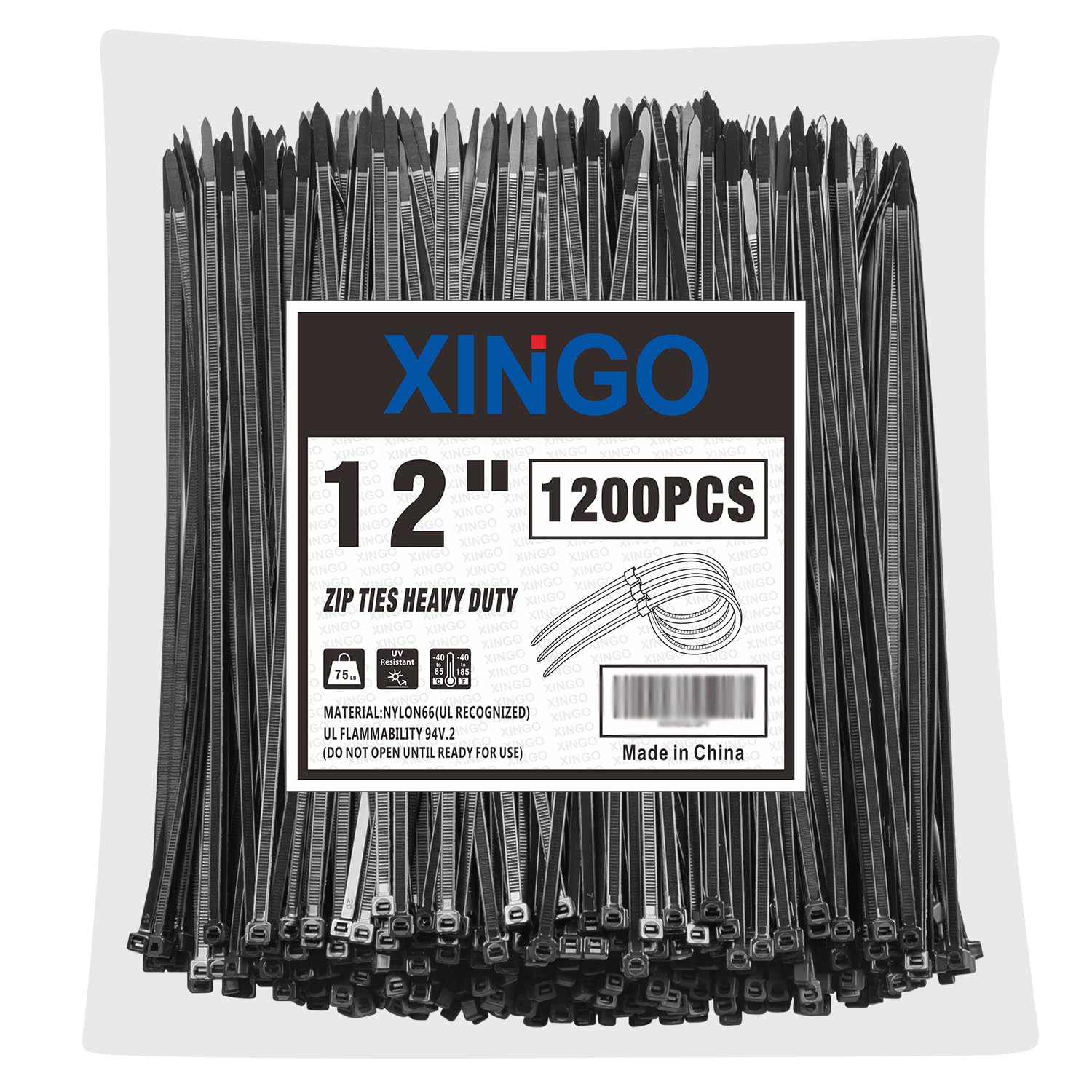 XINGO 12 Inch Black Zip Ties 1200 PCS 75 LBS Tensile Strength UV Resistant Cable Ties for Indoor and Outdoor Use #B0D4TWD3CR