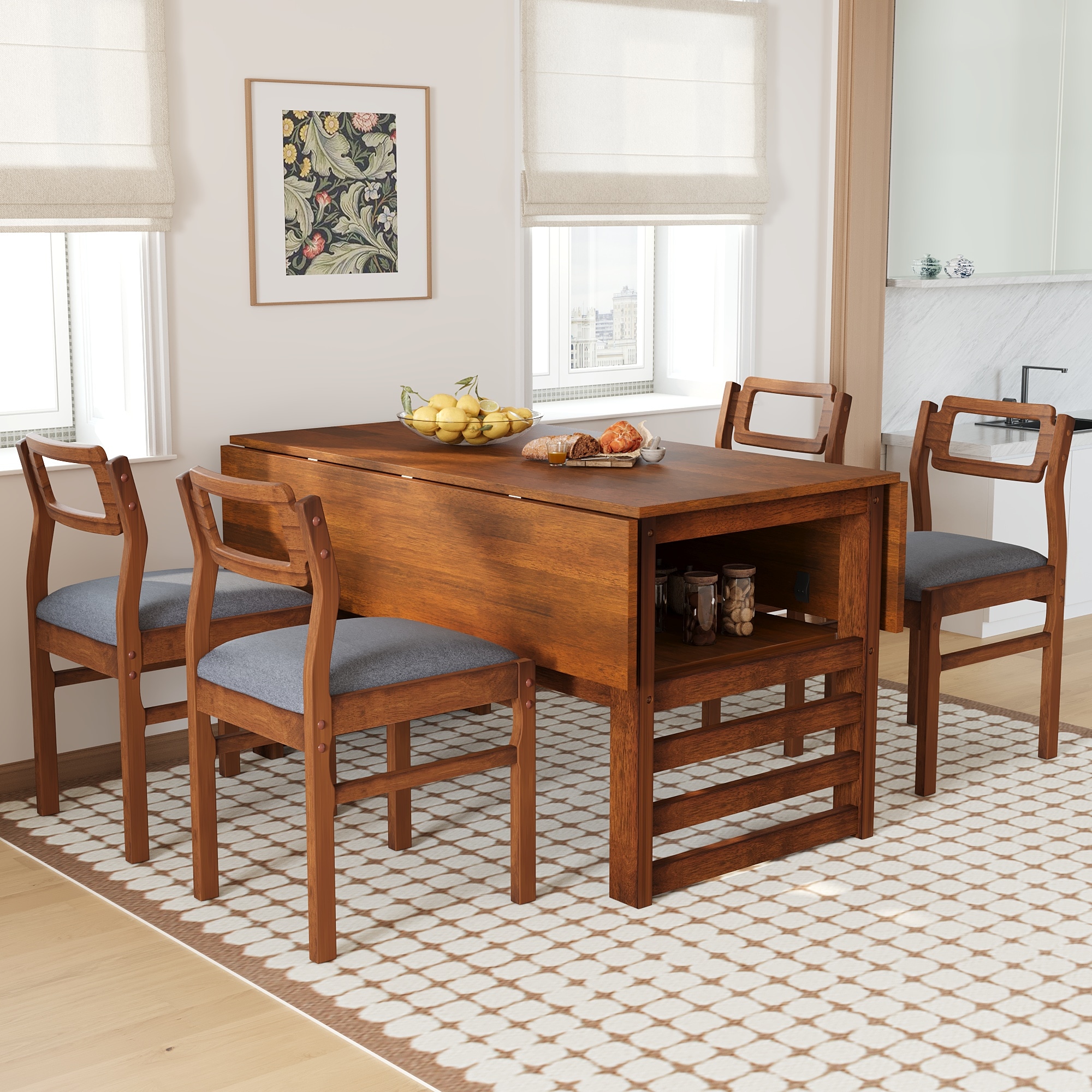 ModernLuxe SP000080AAD Modern 5 Piece 47.2 inch E tendable Wood Square Dining Table Set with Two 11.8 inch Drop LeavesTable Set with Upholstered Chairs for 4Brown