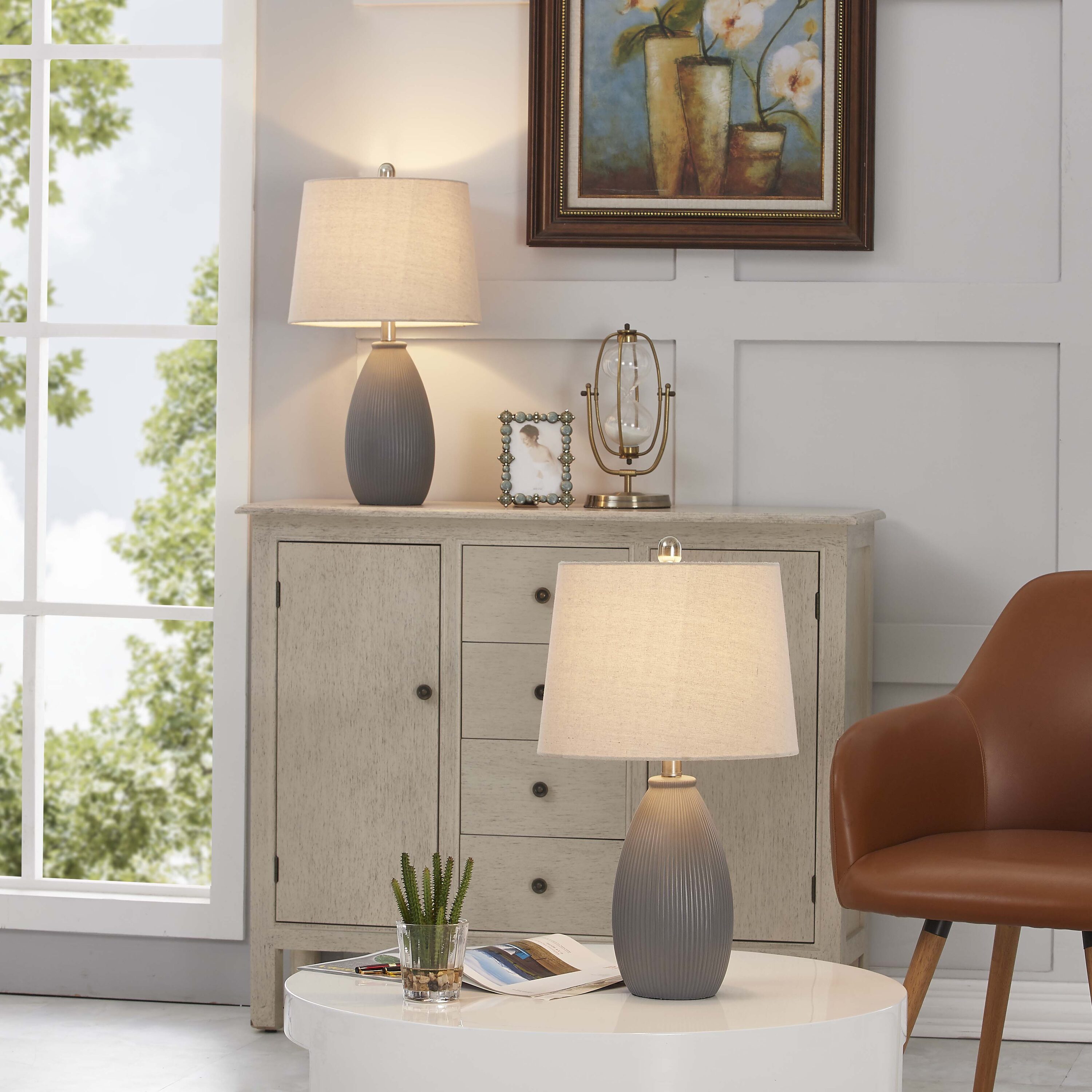 Gray Ceramic Table Lamp Set with Oatmeal Shades