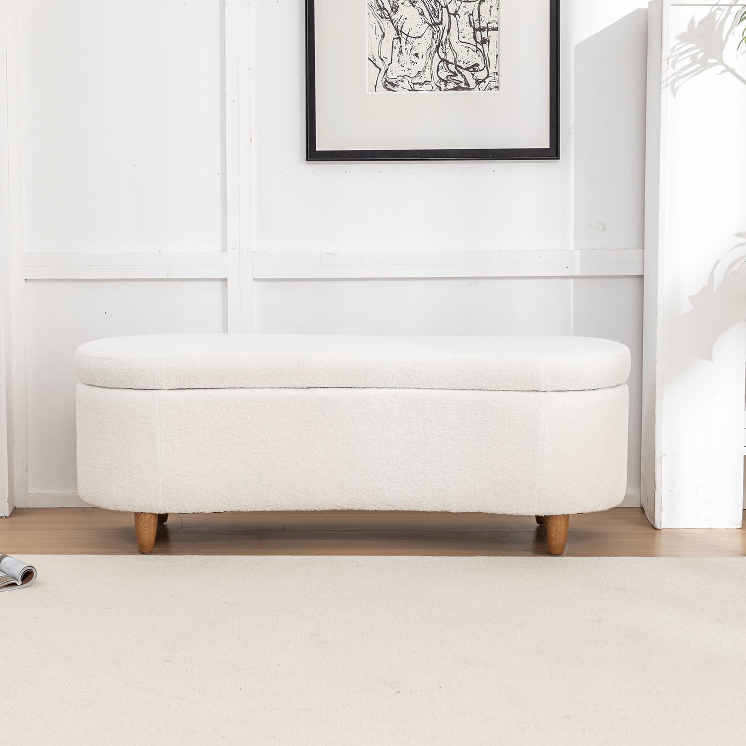 SEYNAR XY739-WHITE Modern Glam Teddy Fabric Upholstered Storage Ottoman Bench