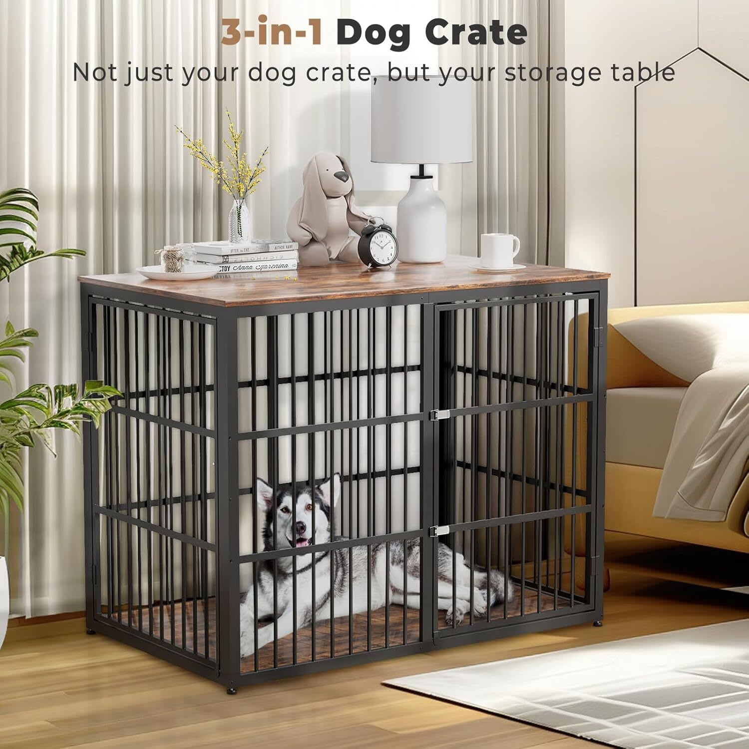 Qeetex GGL-PPS-335EDV55 48in XXL Dog Crate Furniture with 3 Doors-Wooden Crate End Table Heavy Duty Indoor Combination Cage for Medium to Large Dogs-Multiple Units Can be Combined