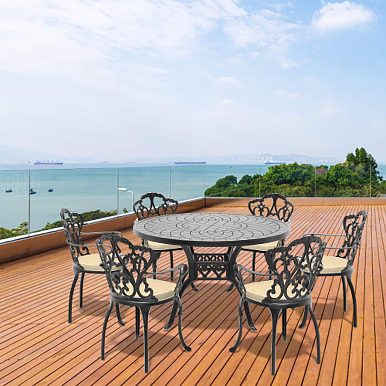 GZMR GM-DH-00096 7-Piece Set Of Cast Aluminum Patio Furniture 7 -Piece Rust Resistant Frame Patio Dining Set Aluminum Round Table with 6 Multiple colors/finishes Cushions Stackable Stationary Chairs