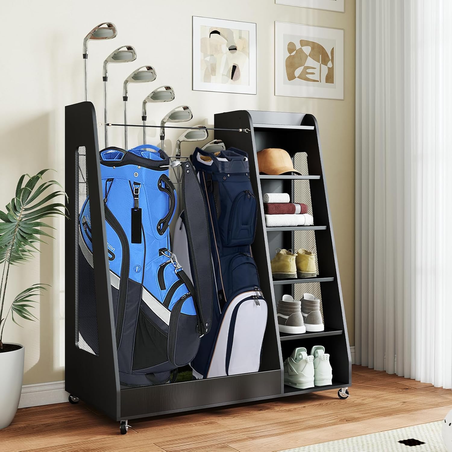 Zevemomo Wooden Golf Bag Storage Rack for Garage Holds 2 Bags Suitable Black