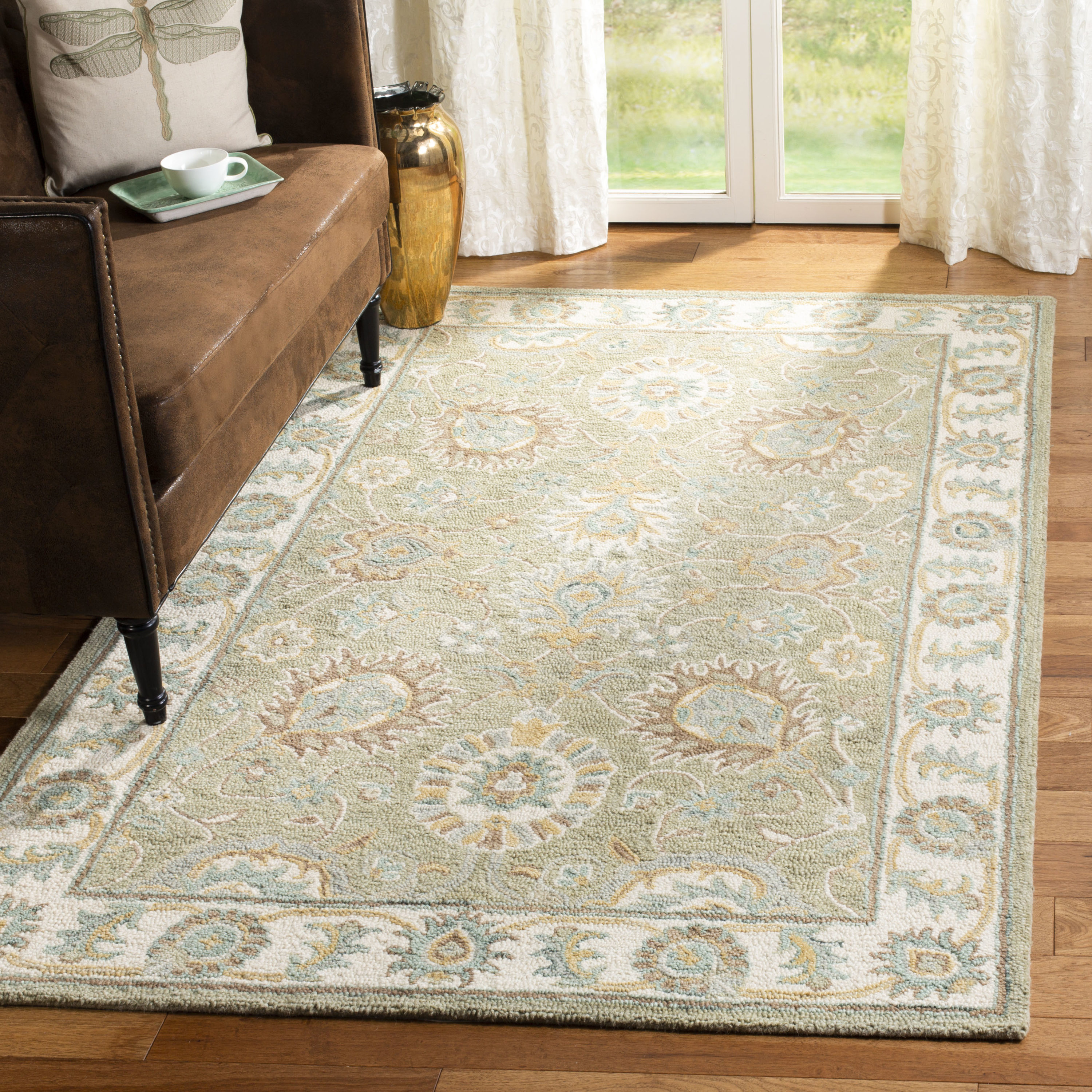 Ivory and Sage Floral Tufted Wool Area Rug 5' x 8'