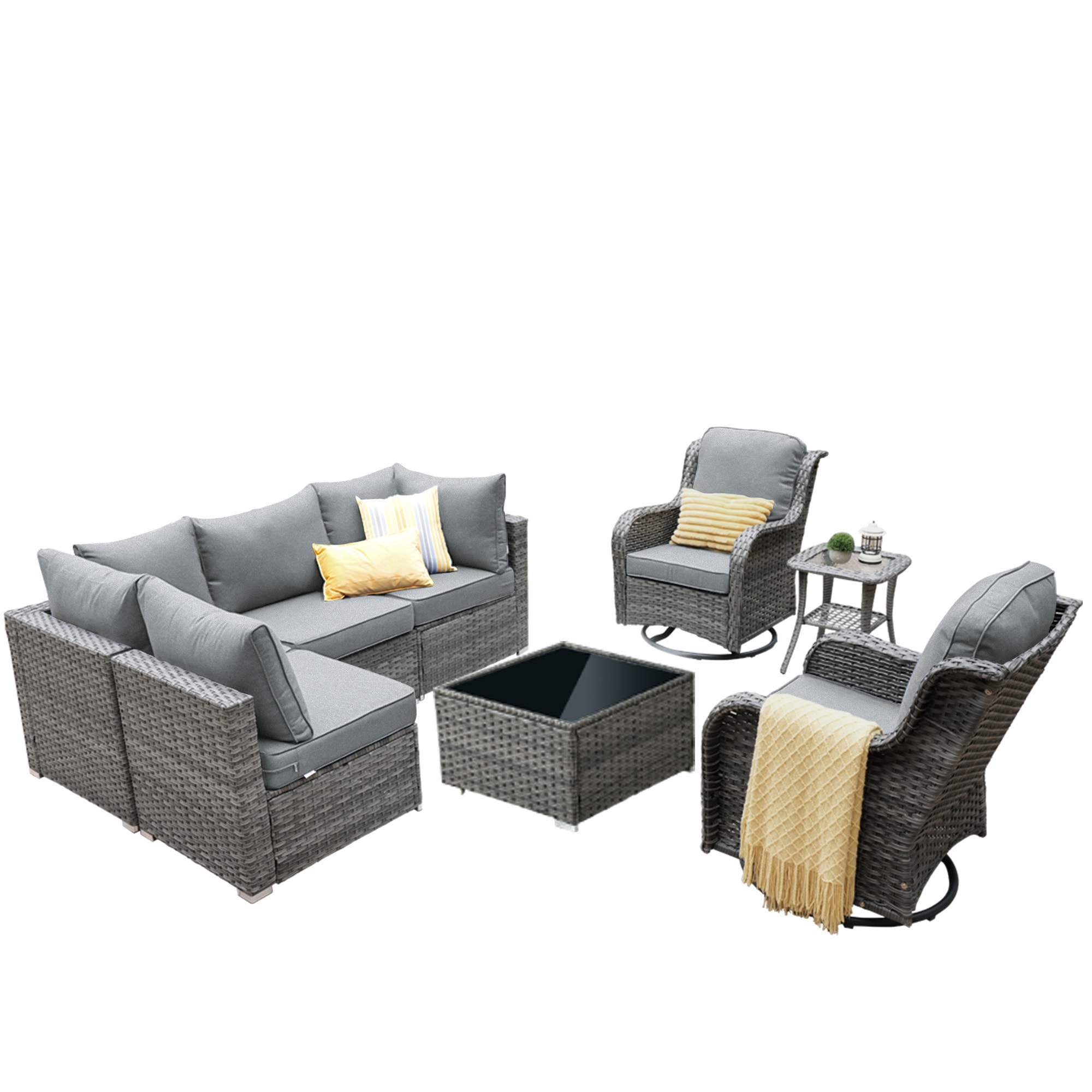 weaxty DDFPRRSGRS208 Kuuga Rattan Outdoor Sectional with Gray Cushions and Steel Frame