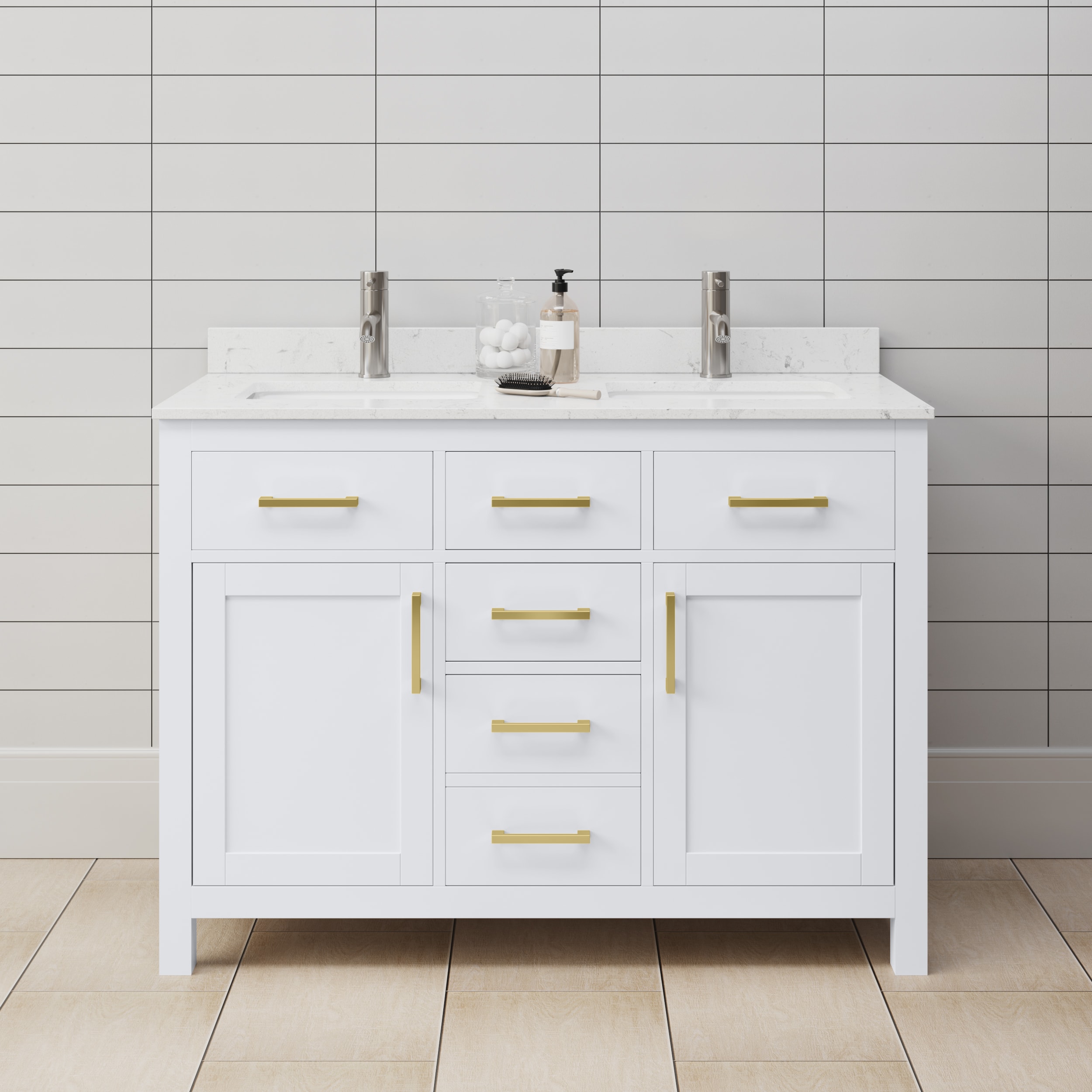 Wyndham Collection WCG242448DWGCCUNSMXX Beckett 48-in White with Brushed Gold Trim Undermount Double sink Bathroom Vanity with Carrara Cultured Marble Cultured marble Top