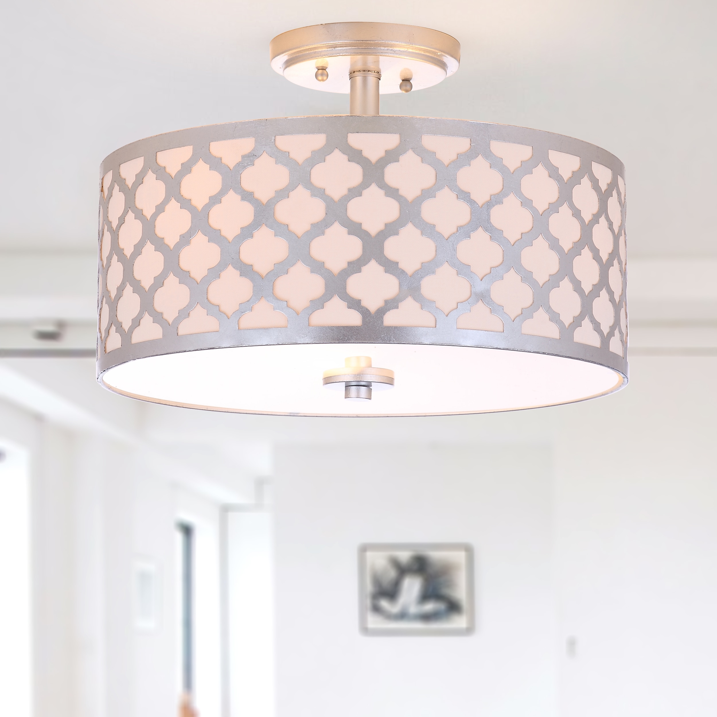 Silver Glass Drum Shade Semi Flush Mount Light