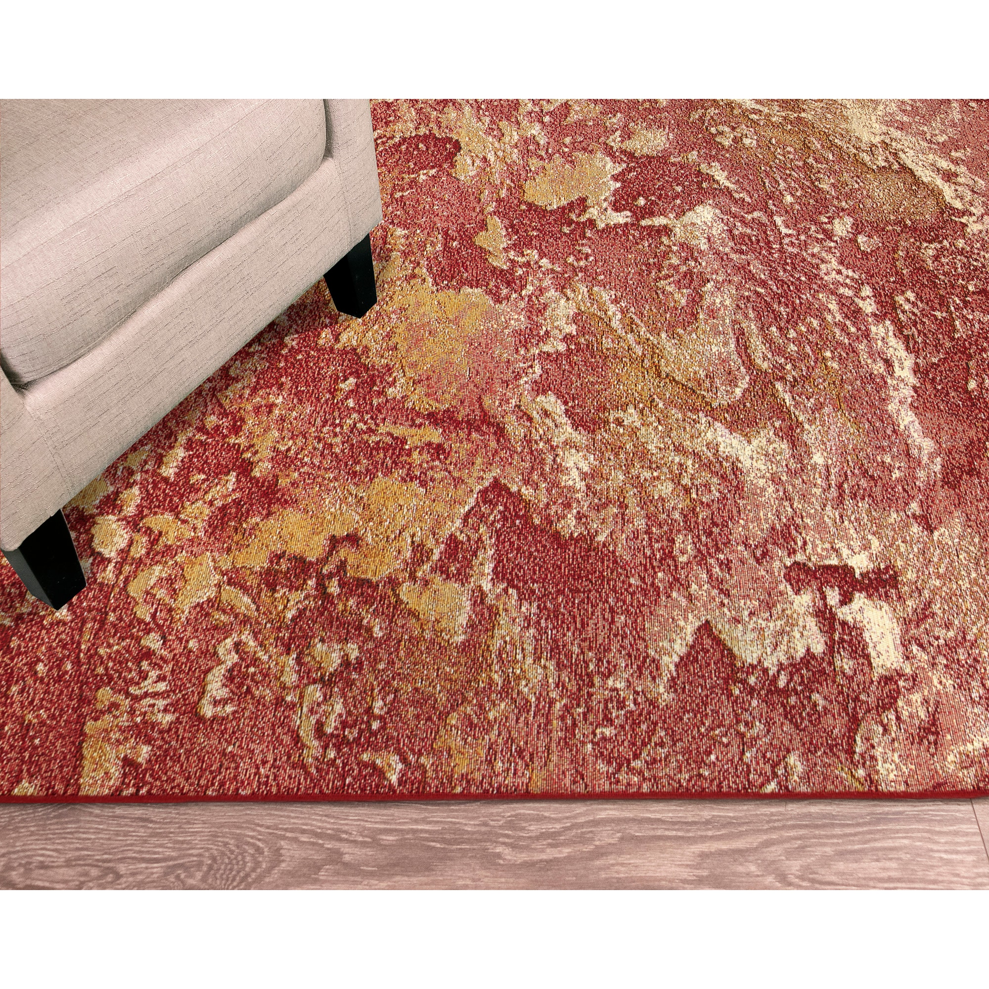 Crimson Flow Abstract 5' x 7' Red & Gold Synthetic Area Rug