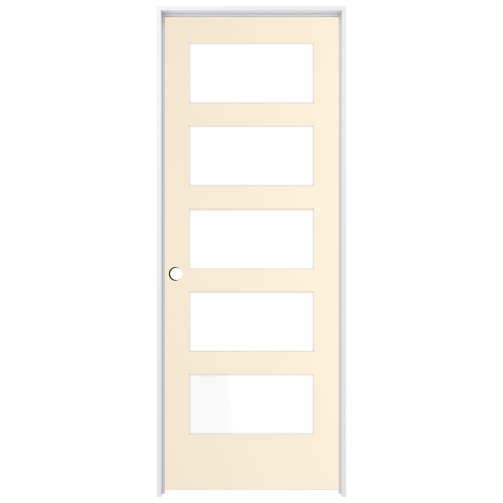 RELIABILT LO1370481 30-in x 80-in Cream-n-Sugar Solid core 5-panel equal Frosted glass Right hand Smooth Prefinished Pine Wood Flat Jamb Single Prehung Interior Door