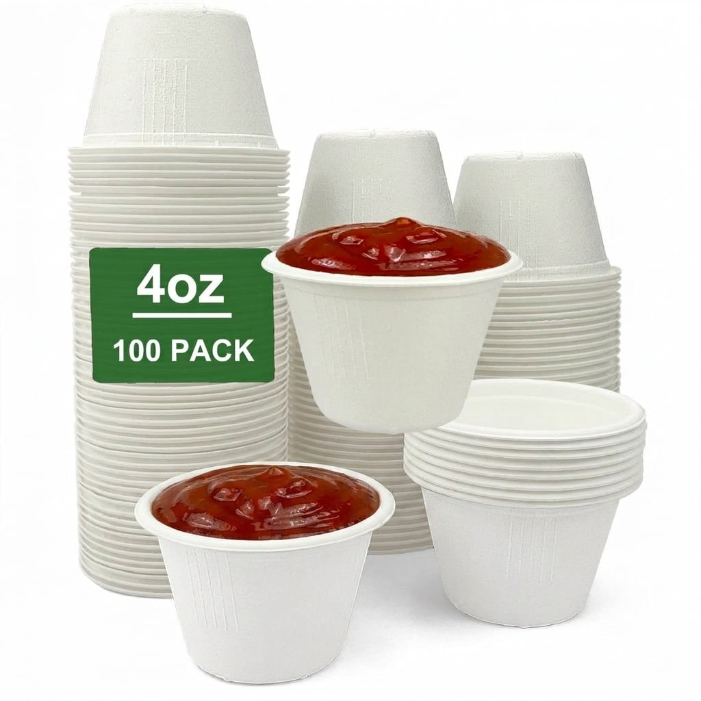 Etokfoks  4 in White Bagasse Disposable Souffle Cups Biodegradable Compostable Condiment Tableware Pack of 100